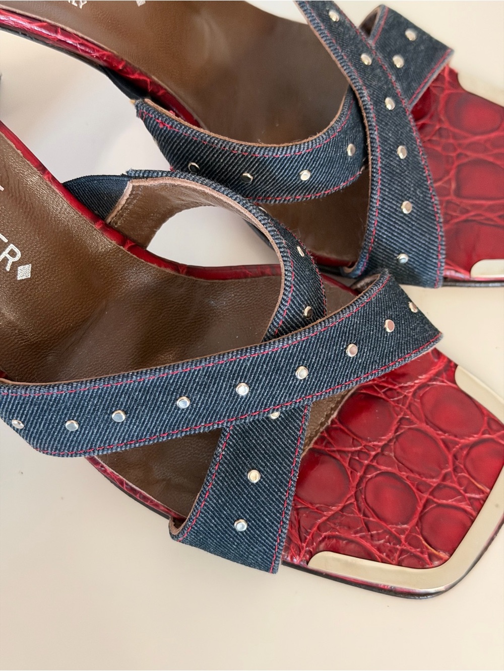 Donald J. Pliner | Red Croc-Embossed Denim Stud Mid-Heels - Picture 12 of 13